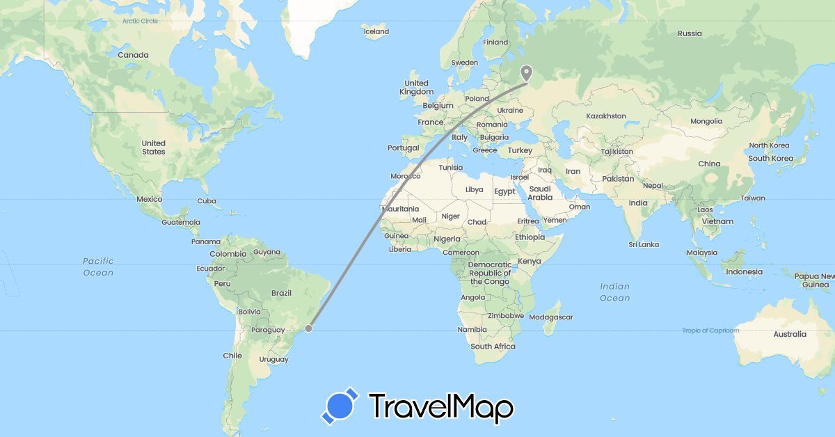 TravelMap itinerary: driving, plane in Brazil, Russia (Europe, South America)
